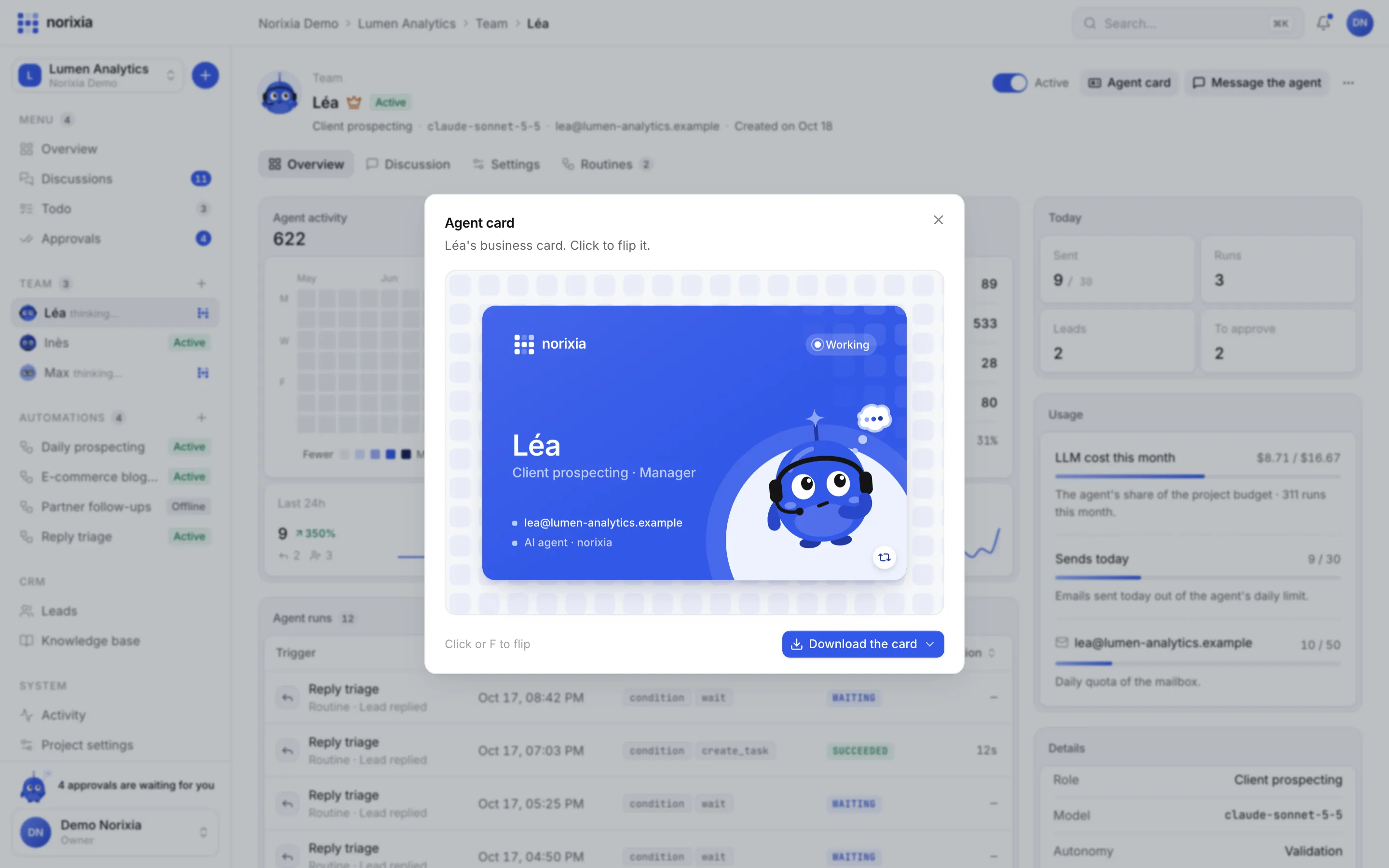 Léa's business card dialog