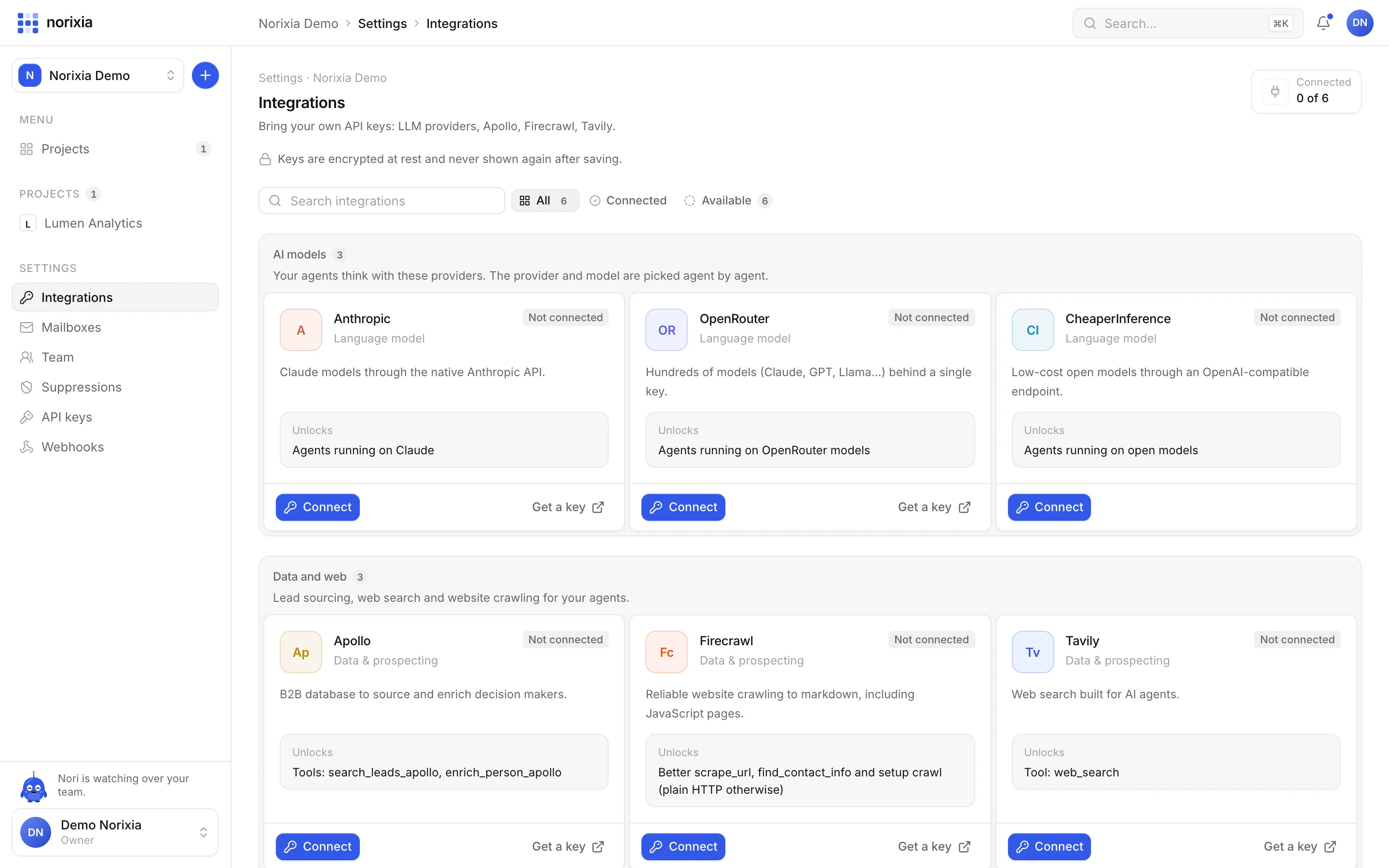 Integrations settings