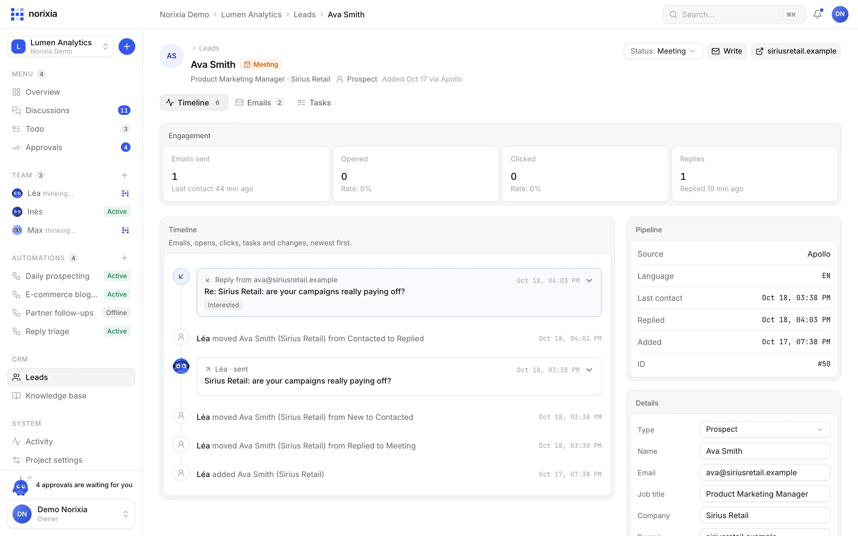 A lead page with engagement and timeline