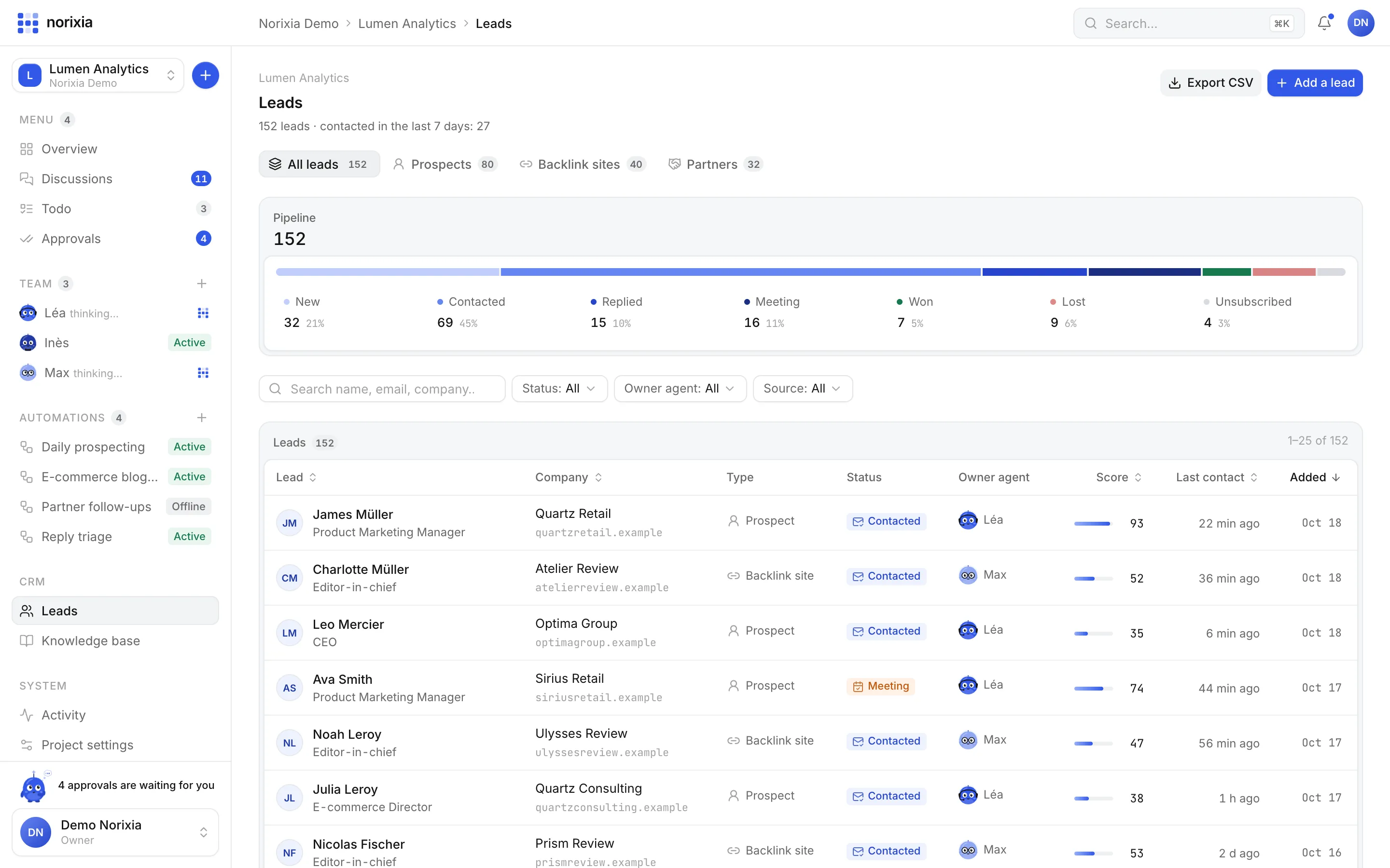 Leads screen of the Norixia app