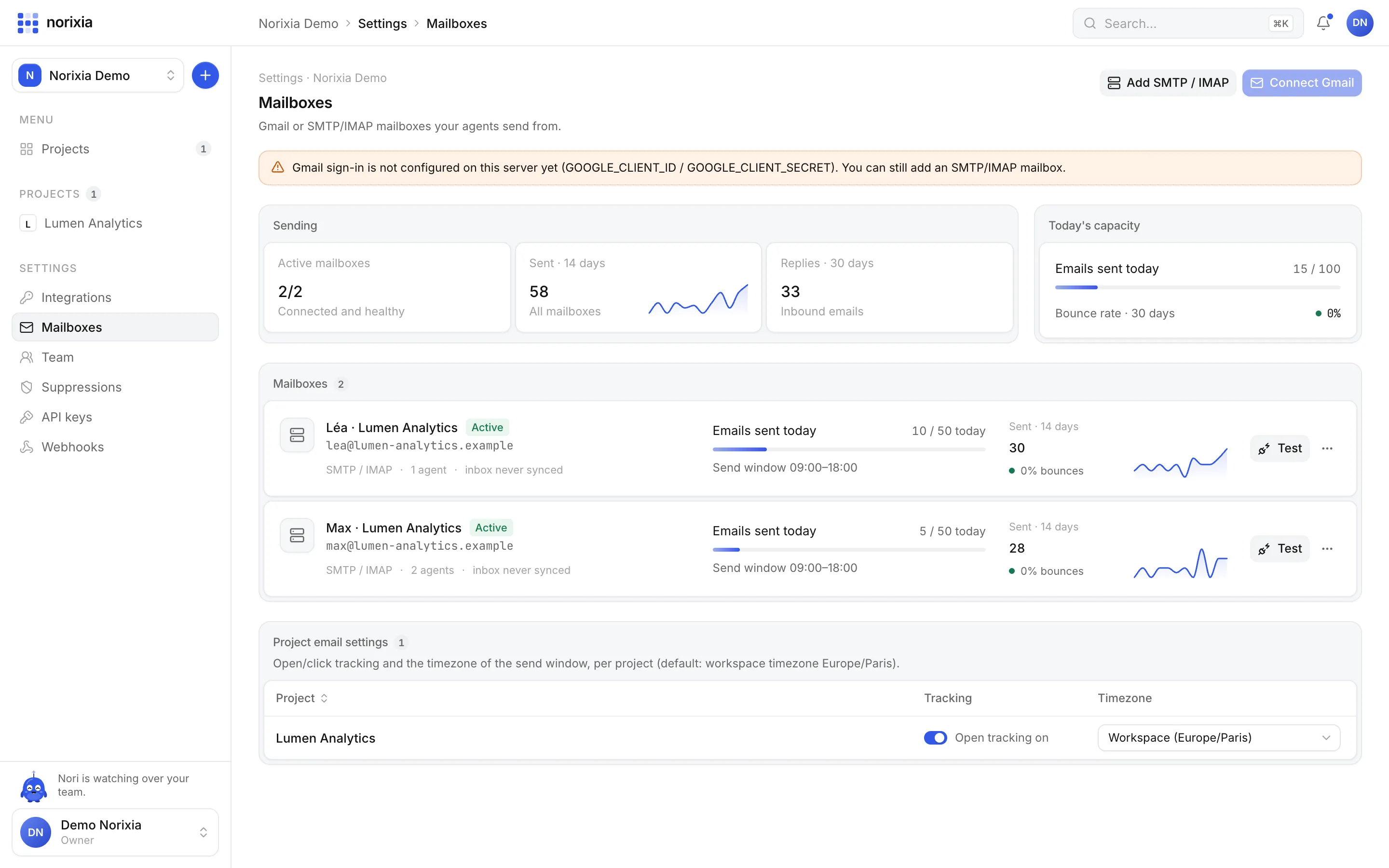 Mailboxes settings with health and warmup