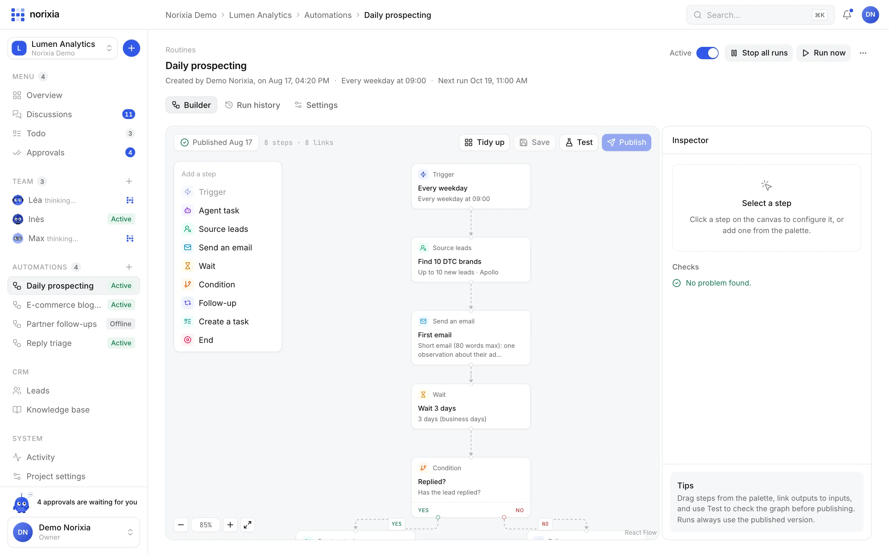 Routines screen of the Norixia app